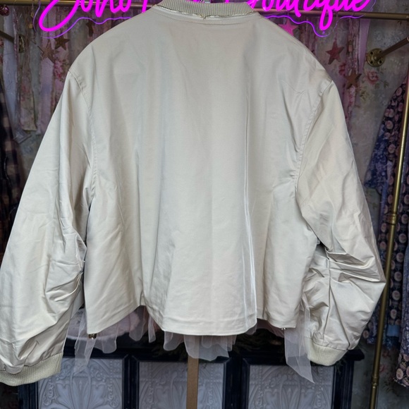 NWT Mesh Layer Bomber Jacket Denim and Tan Ruffle Jacket - Picture 11 of 13